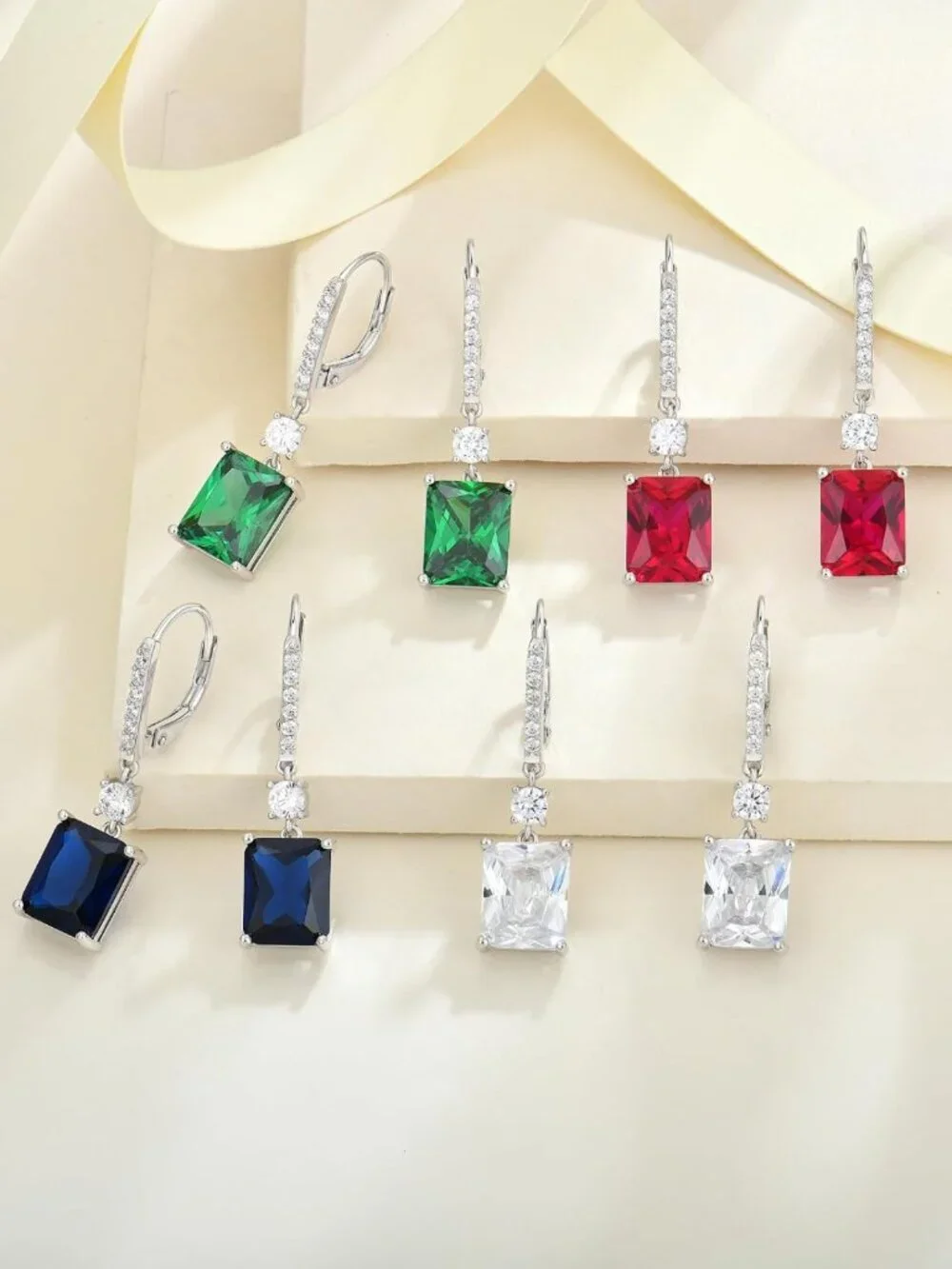 Emerald Cut Dangle Earrings for Women, 925 Sterling Silver, Birthstone Halo